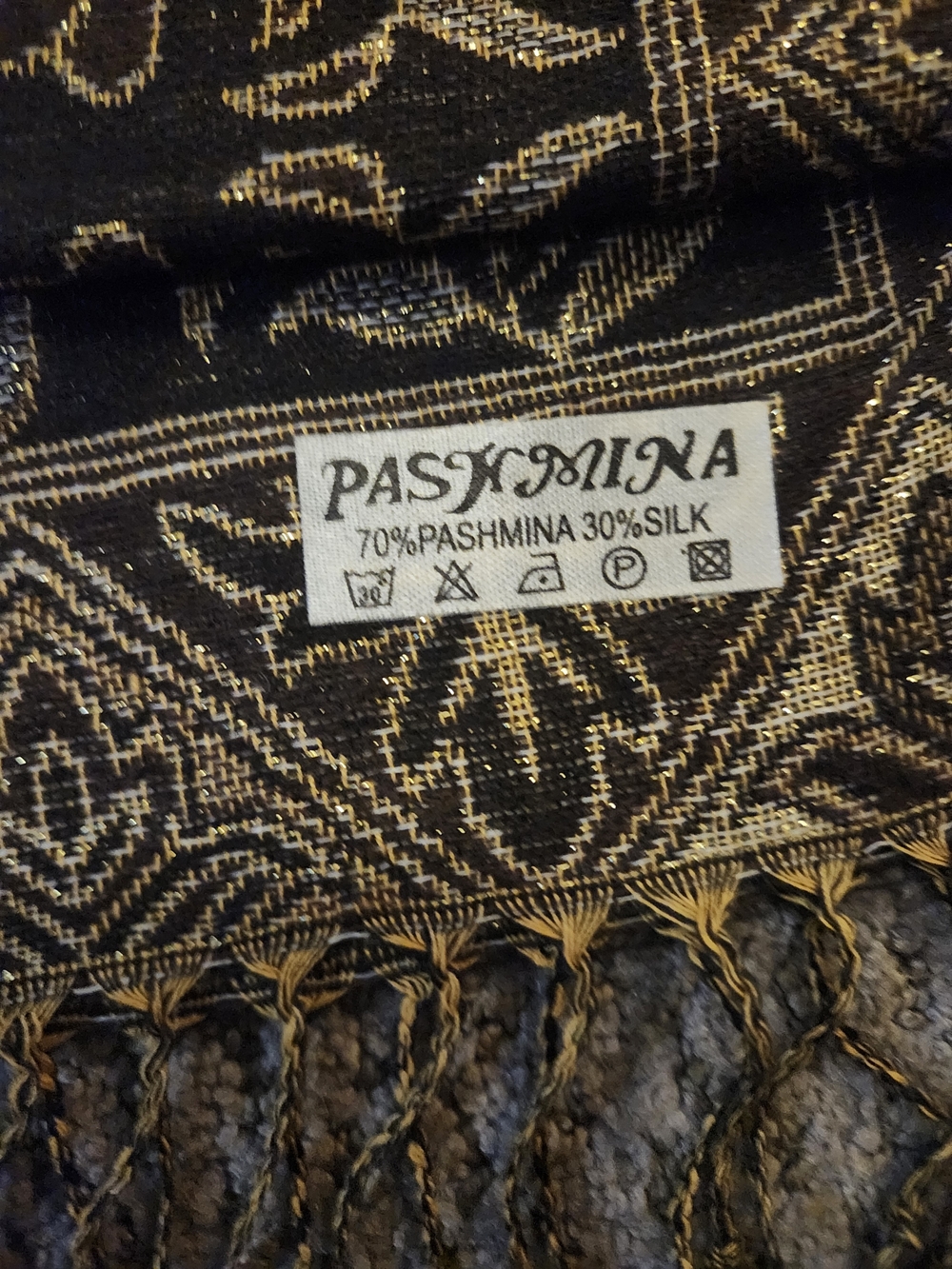pashmina Black and Gold Pashmina Silk Blend Scarf Wrap